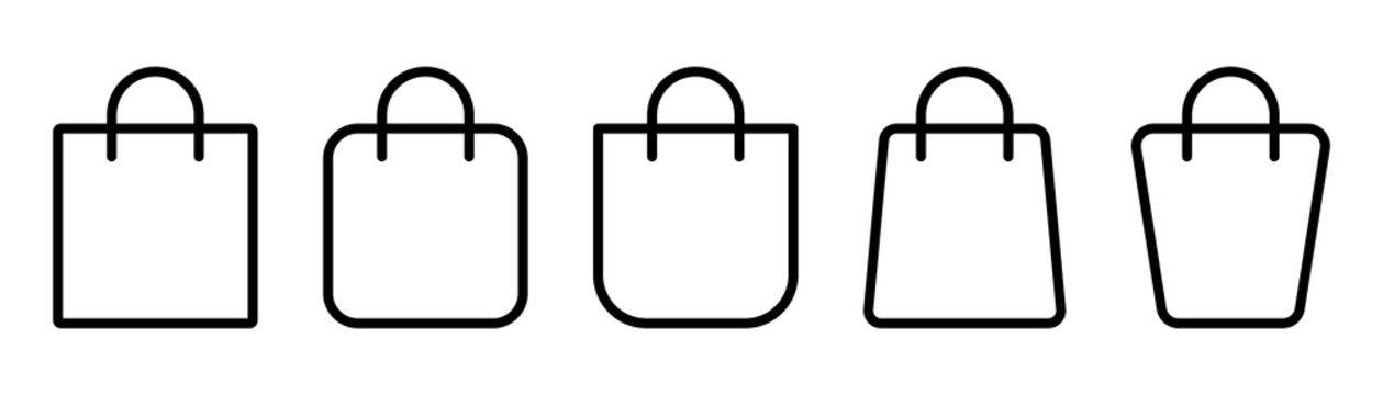 Five simple shopping bag icons lined up, perfect for outdoor gear or clothing shopping vibes.