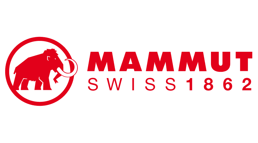 Red mammoth logo with bold text, perfect for outdoor mountain adventure gear vibes.