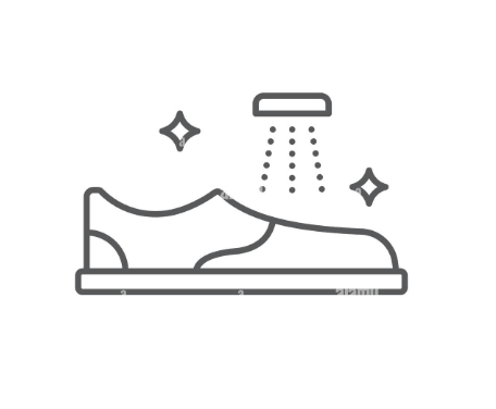 Line art of a shoe getting cleaned with sparkles, perfect for mountain adventure care.