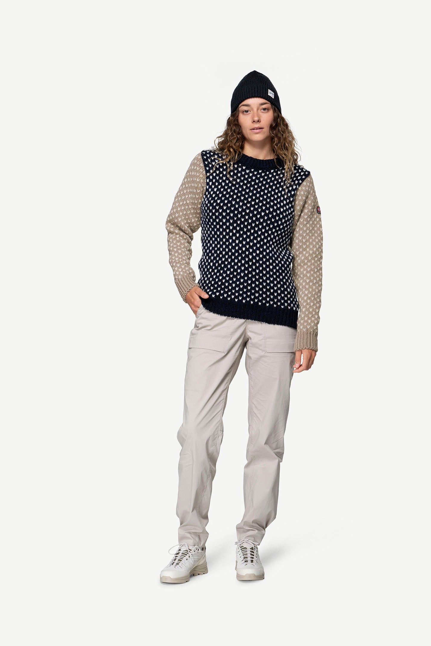 DevoldNordsjoWoolSweater-NavyStoneOlive-LWomenFrontView