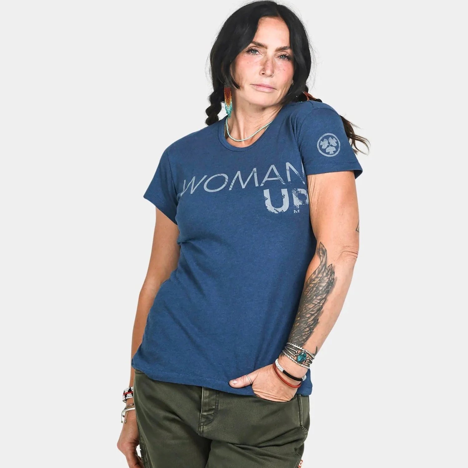 Woman wearing the Dovetail Woman Up Tshirt in Blue