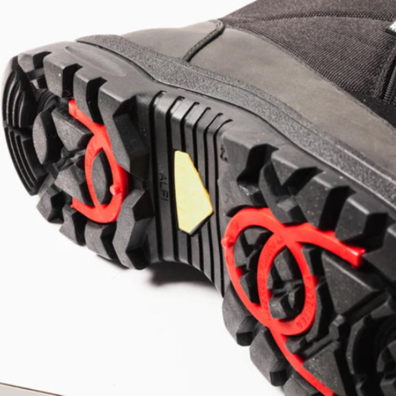 Close-up of sturdy winter boot sole with grippy red ice traction, perfect for mountain adventures