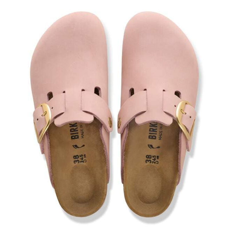 BirkenstockBostonBigBuckleSoftPinkNubuckNarrowPairTopFrontView