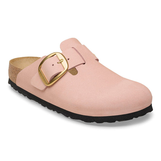 BirkenstockBostonBigBuckleSoftPinkNubuckNarrowSideFrontView