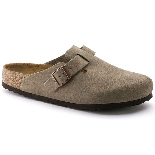 BirkenstockBostonSoftFootbedTaupeSuedeRegularClogSideFrontView