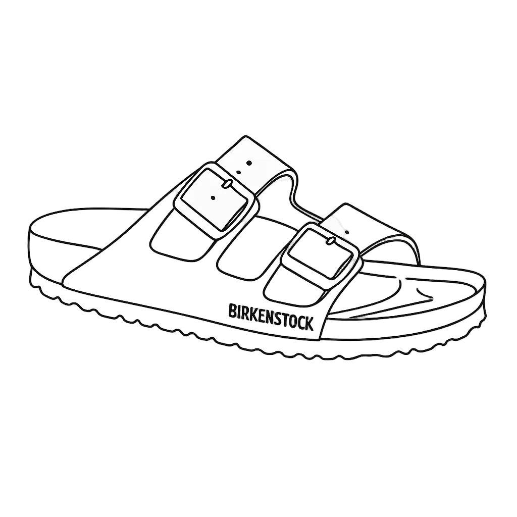 Black and white line art illustration of a Birkenstock slide sandal, showing the side profile with two adjustable straps and buckles, on a solid white background.