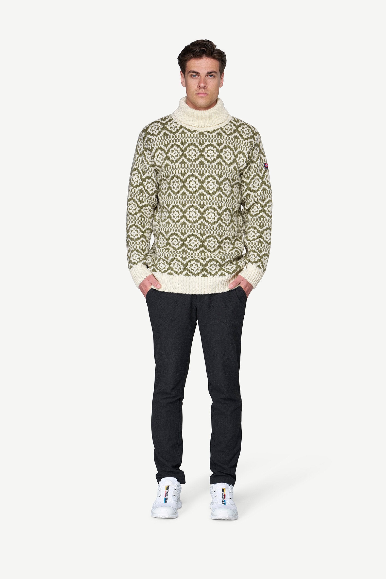 DevoldHoddevikWoolHighNeck-OffwhiteOliveManFrontView