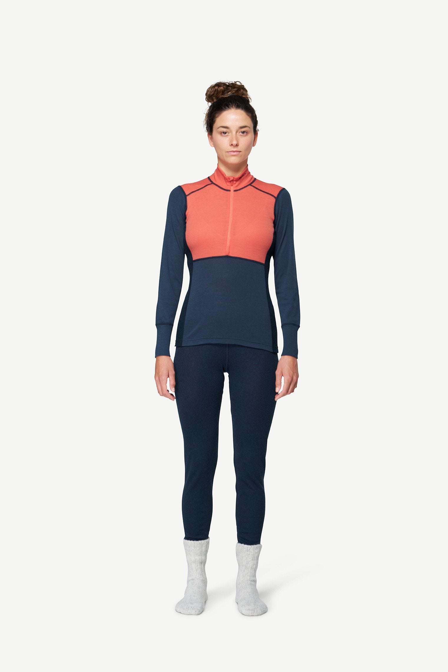 DevoldLauparenMerino190ZipNeckWmn-CoralNightInkFrontView