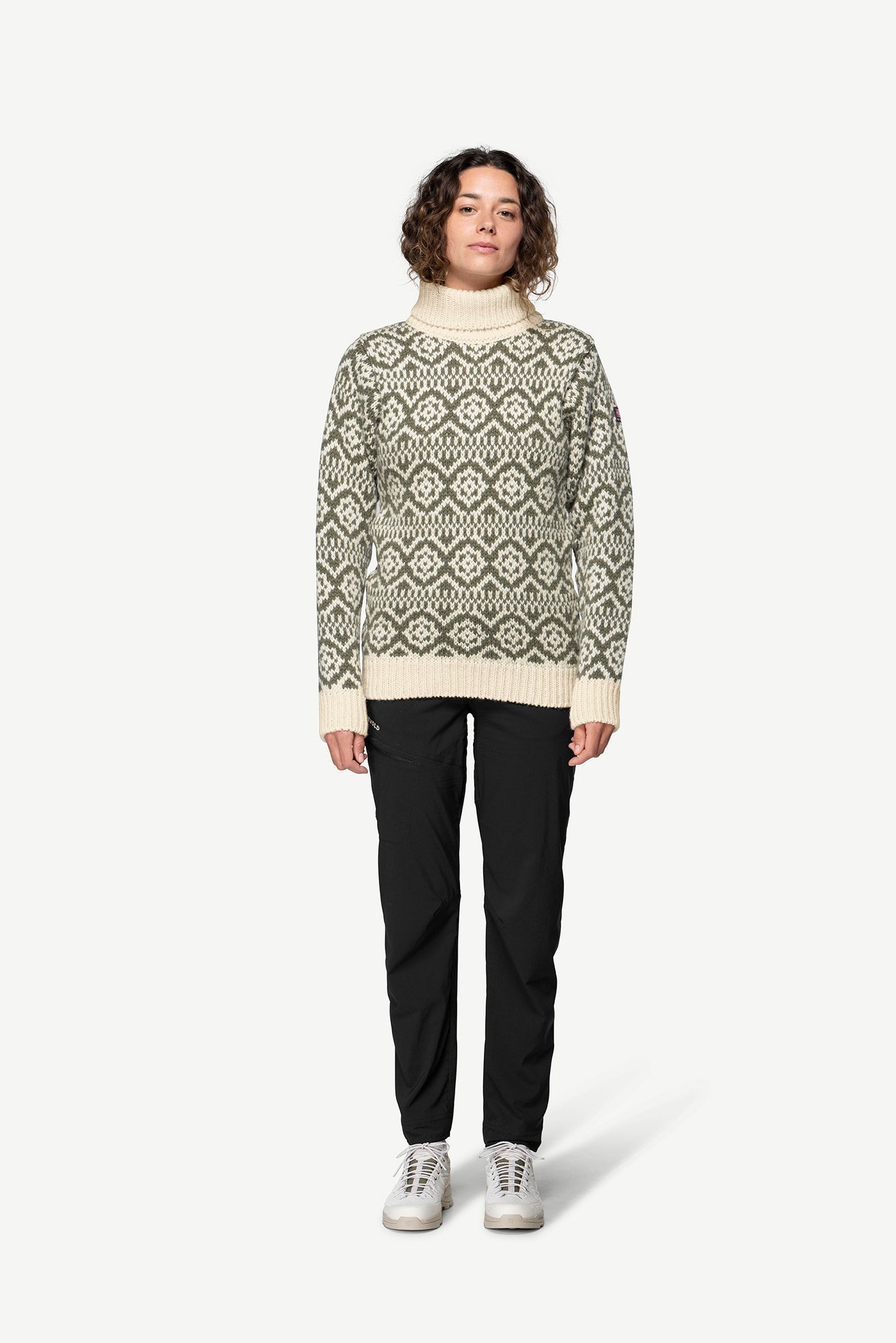 Devold_Hoddevik_Wool_High_Neck_-_Offwhite_Olive_Woman_Front_View