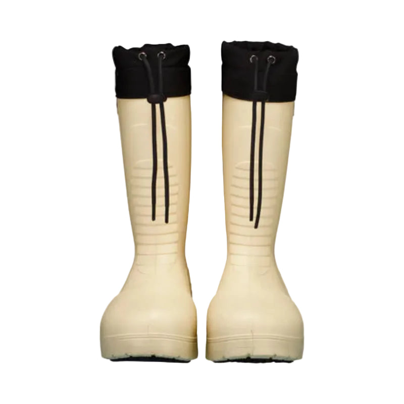 Cozy tall beige snow boots with black drawstring tops, perfect for fun mountain adventures