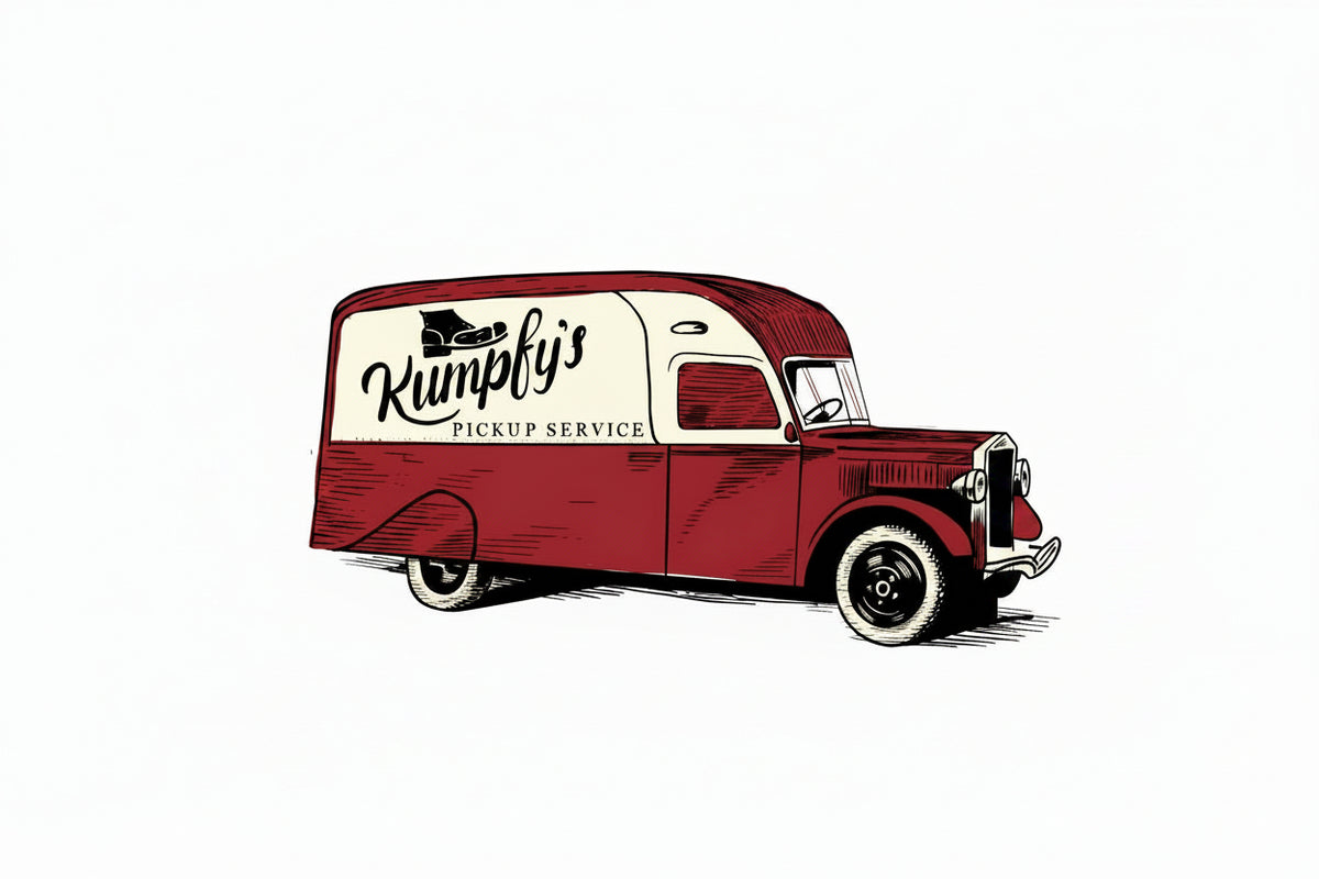 A vintage-style illustrated delivery van with the text 'Kumpfy's Pickup Service' on the side, shown in red and cream on a plain white background.