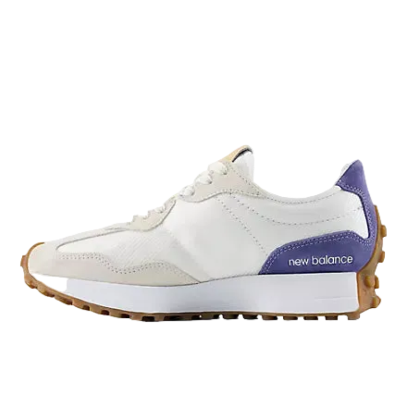 White and cream sneaker with a touch of purple, sporty style for laid-back mountain adventures