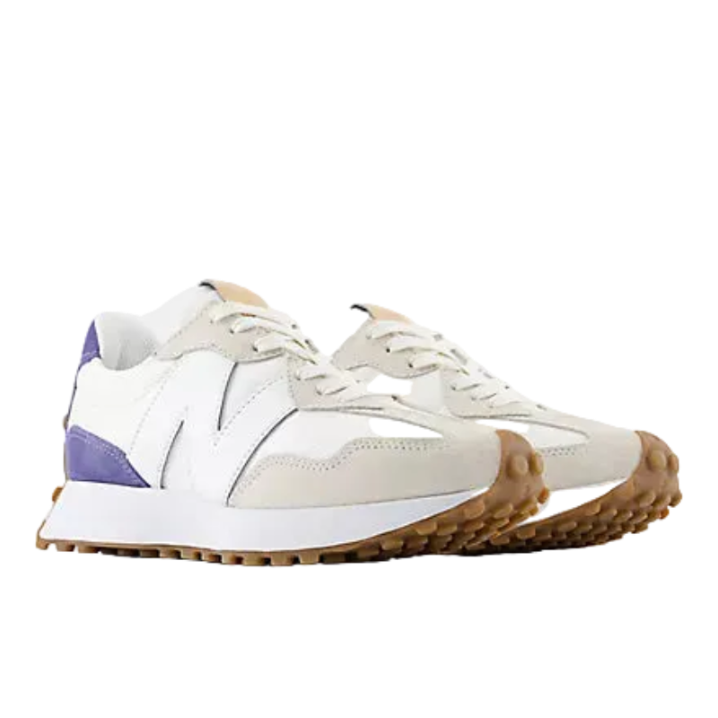 White and beige trail sneakers with gum sole, violet accents, perfect for mountain adventures