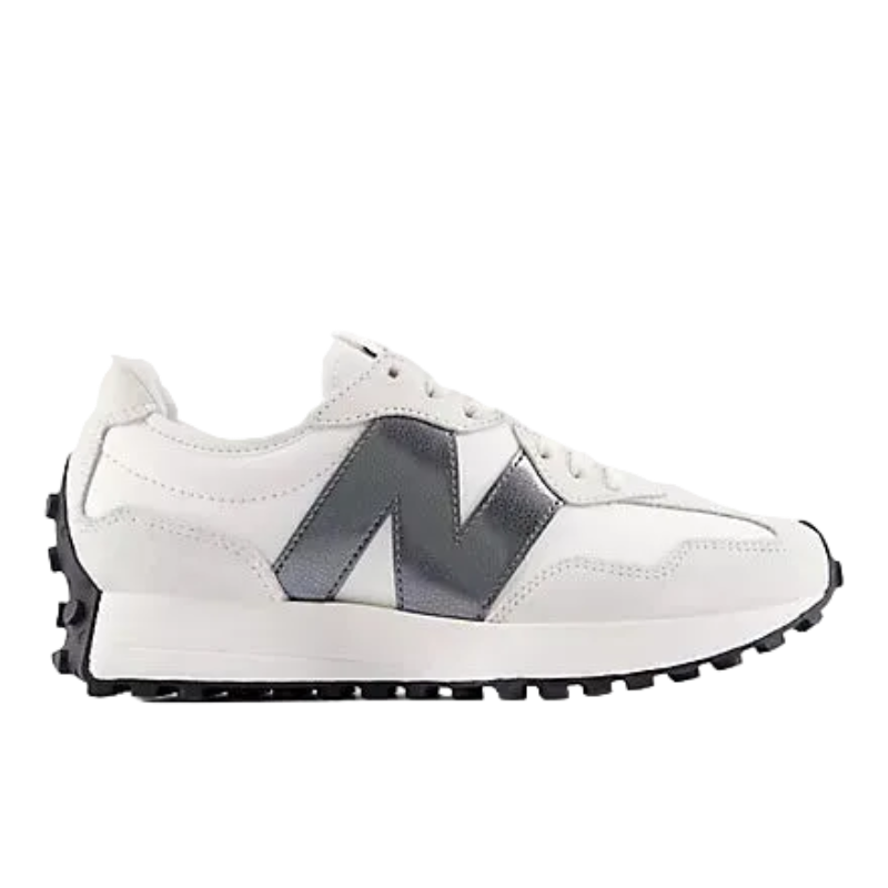 Comfy white sneaker with rugged sole and gray accents, perfect for mountain adventures.