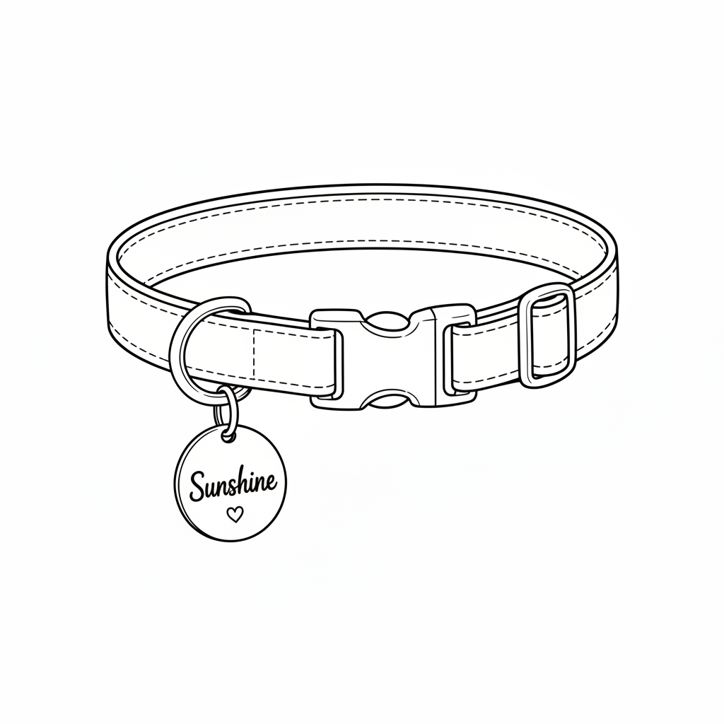 Black and white line art illustration of a dog collar with a round hanging tag that reads 'Sunshine' and a small heart.