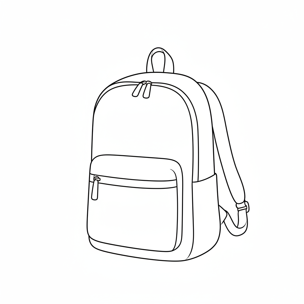 Black and white line art illustration of a backpack with a top handle, main zippered compartment, front slip pocket, and shoulder straps on a plain white background.
