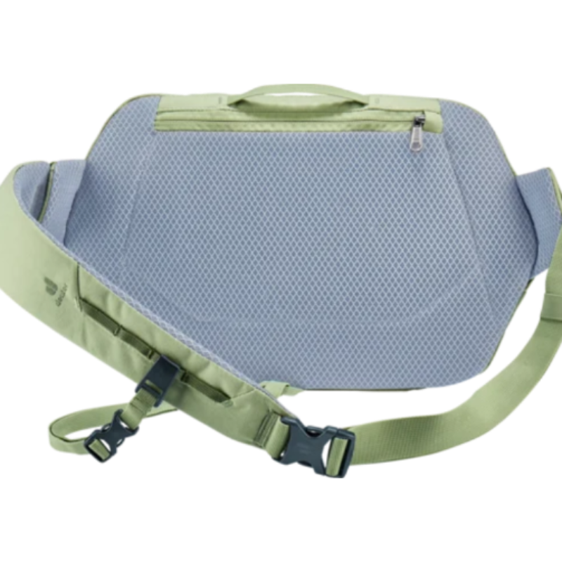 Blue and green waist bag with a strap on a white background