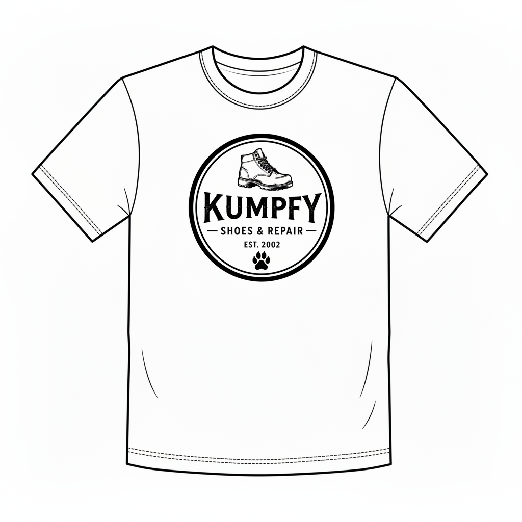 A white short-sleeve crewneck t-shirt with a black circular graphic on the chest. The graphic features an illustration of a hiking boot, the text 'KUMPFY', 'SHOES & REPAIR', 'EST.
