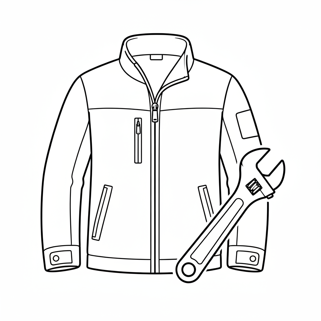 A black and white outline image of a work jacket and a wrench